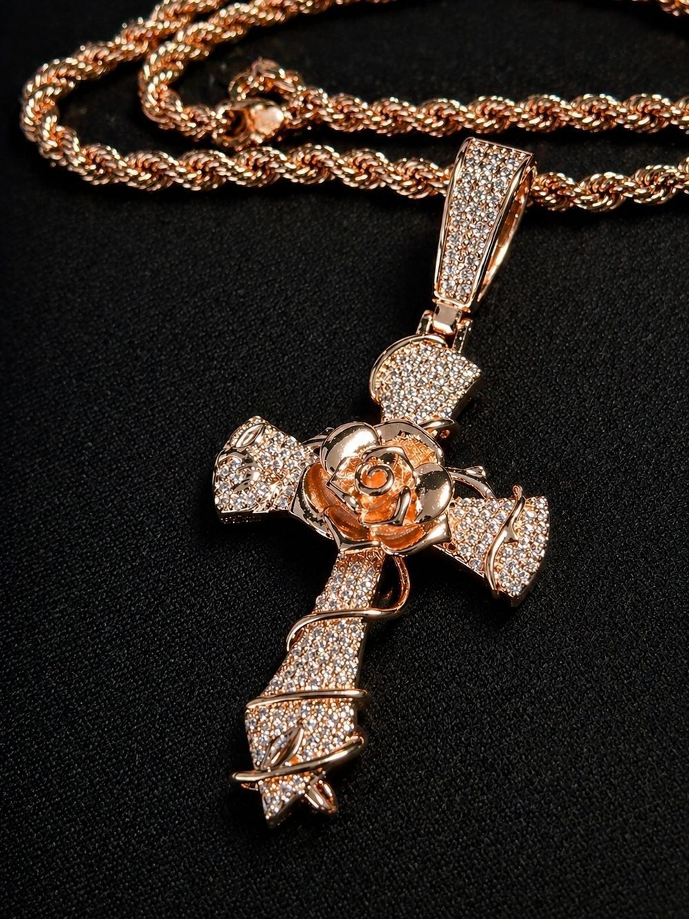 Rose Gold Floral Cross Pendant Necklace